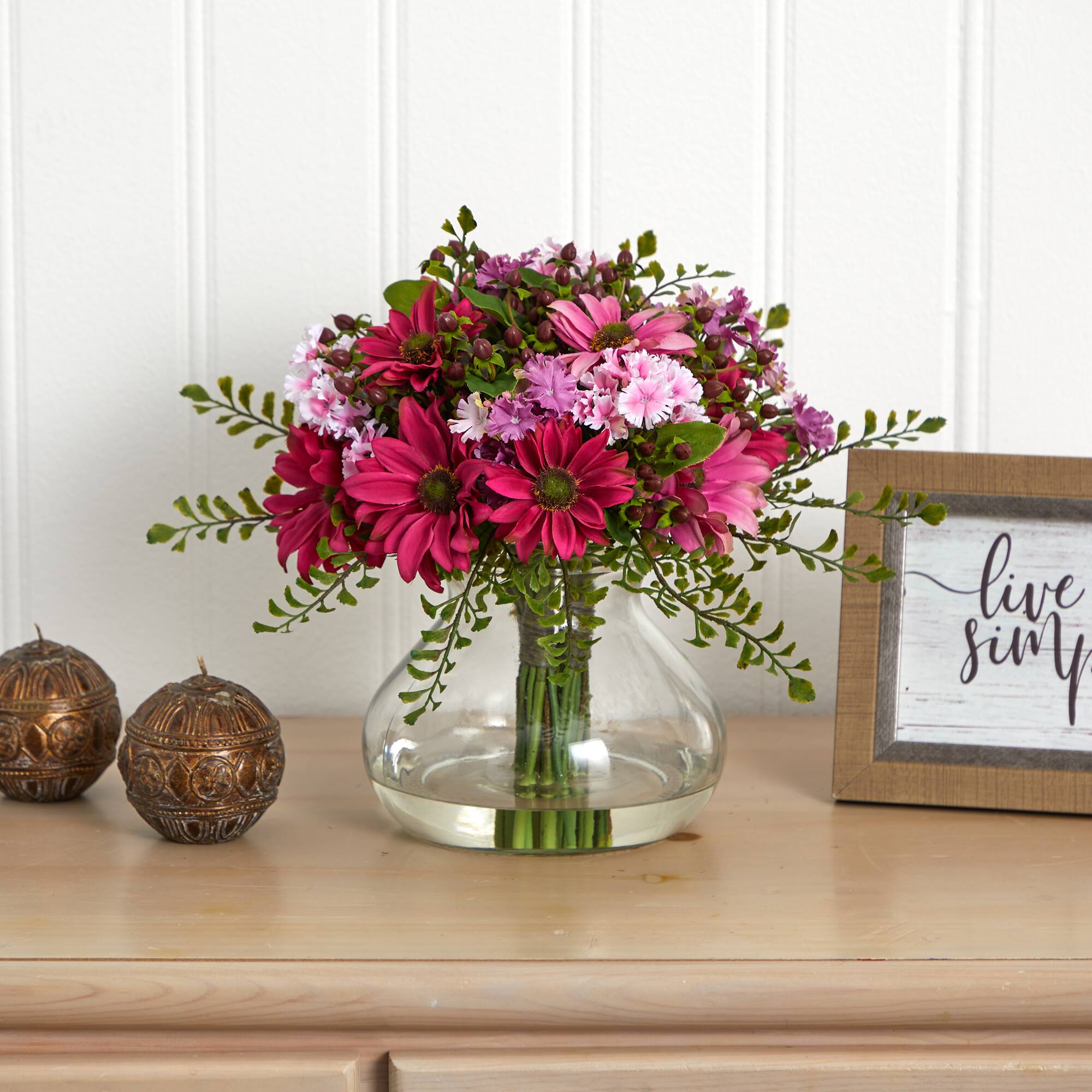 11.5" Pink & Purple Daisy Floral Arrangement in Glass Vase